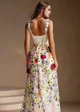 Florence | Exquisite Champagne Square Neck Flower Formal Dress – Captivating Floral Prom Dress for Memorable Occasions - Champagne Floral - PromDressClub